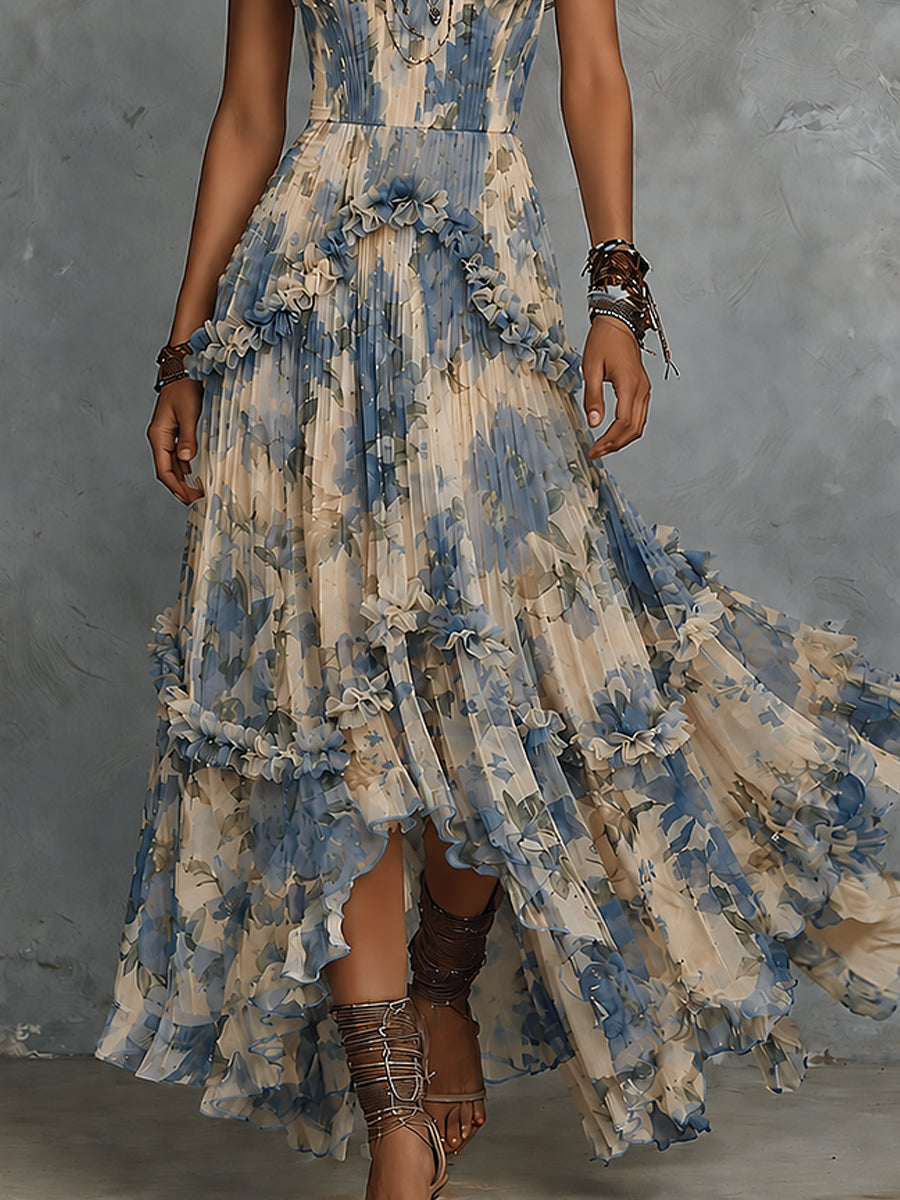 Veronica | Elegante vestito lungo in chiffon stampato senza spalline con volant
