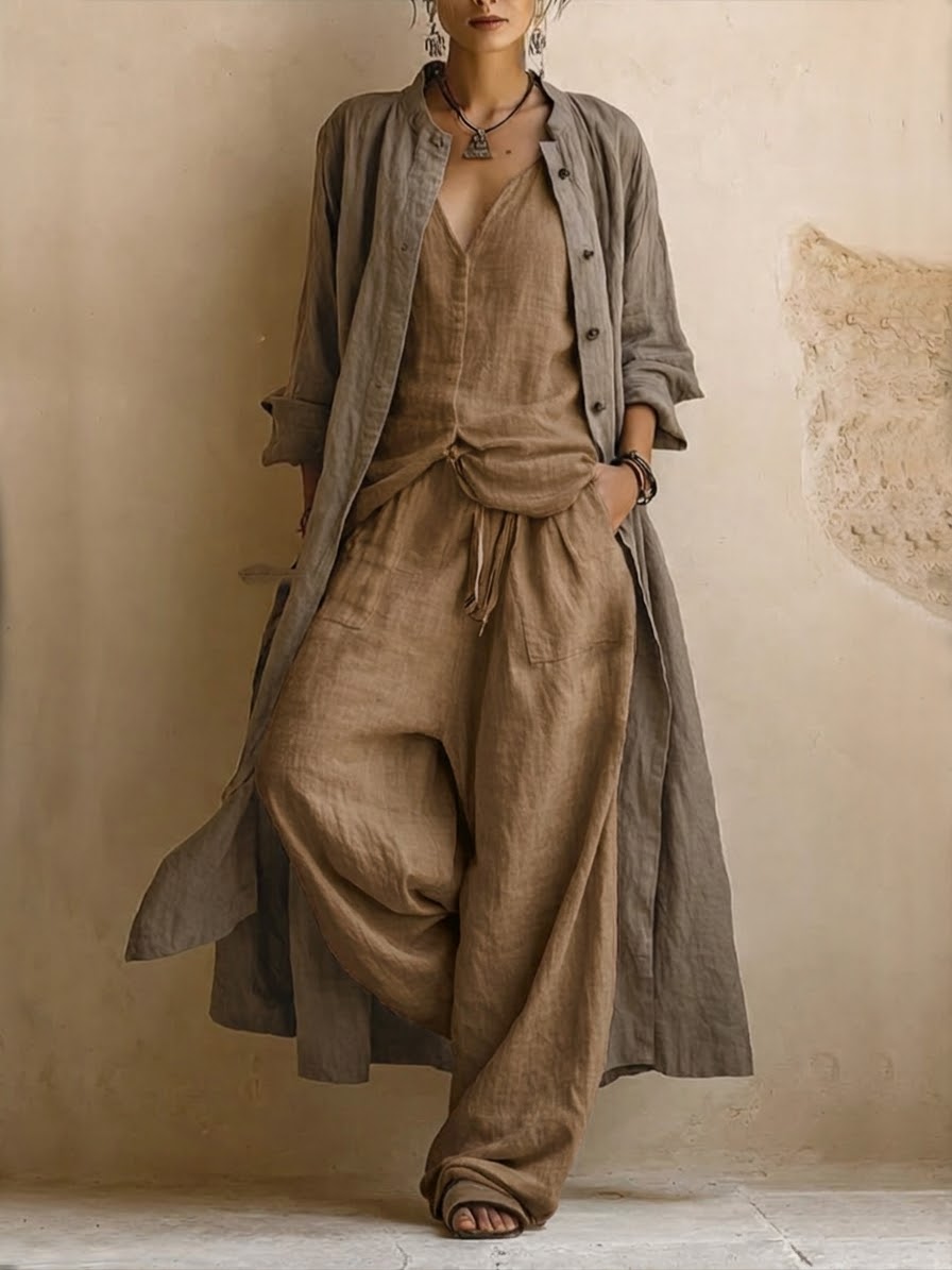 Carmen | Conjunto casual de tres piezas en lino y algodón: cárdigan largo, top sin mangas y pantalones de estilo bohemio
