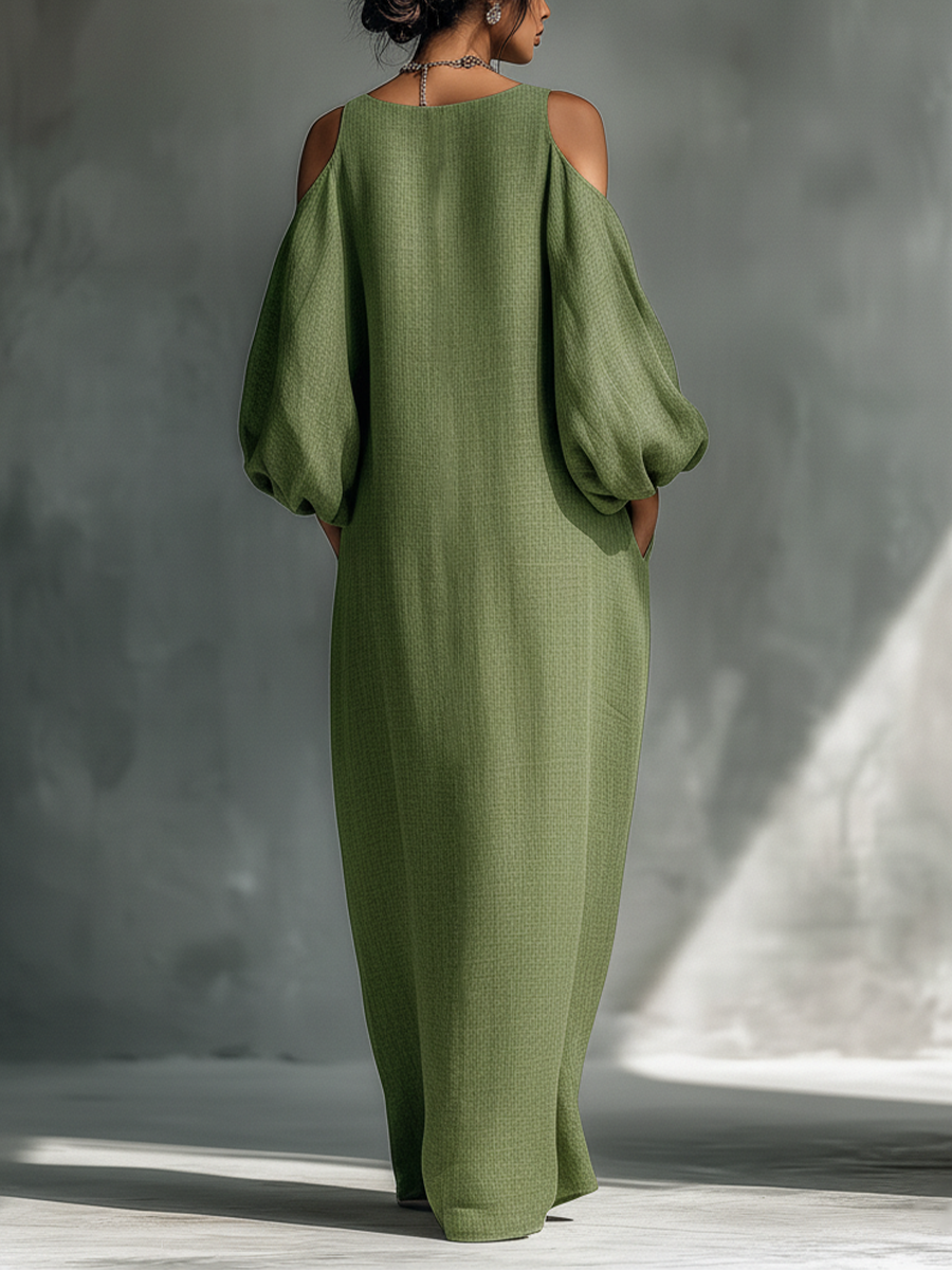 Aida | Vestito lungo verde chiaro da donna con spalle scoperte, maniche a sbuffo oversize e tasche laterali