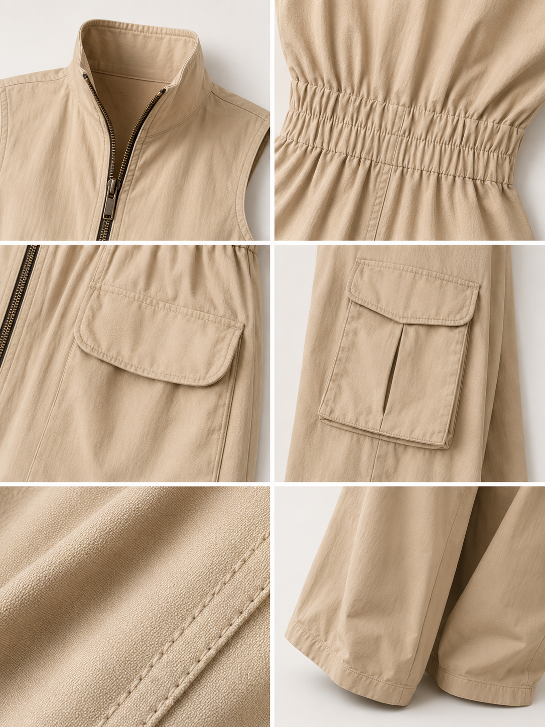Manuela | Mono sin mangas en twill de algodón beige con bolsillos cargo
