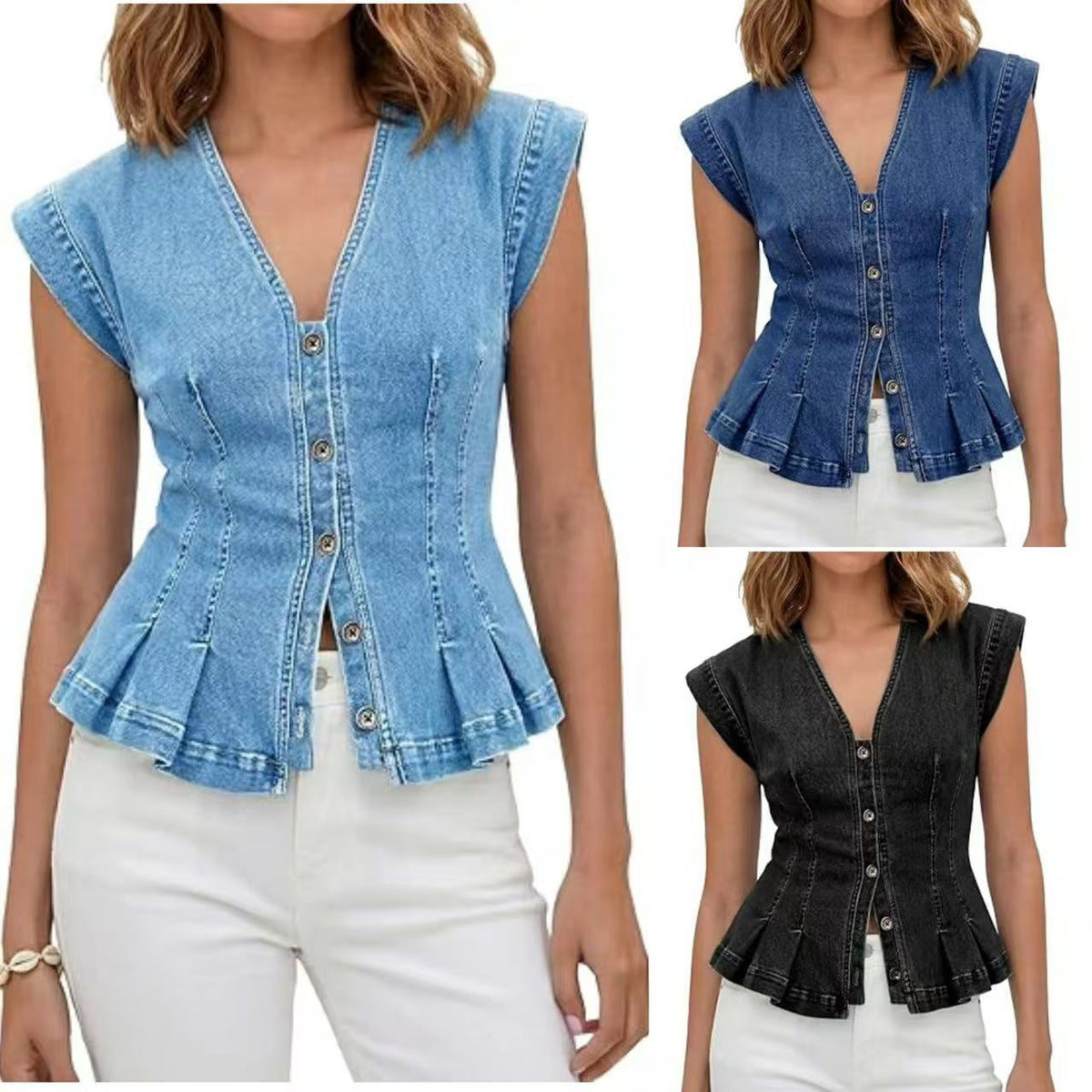 Top peplum in denim con scollo a V