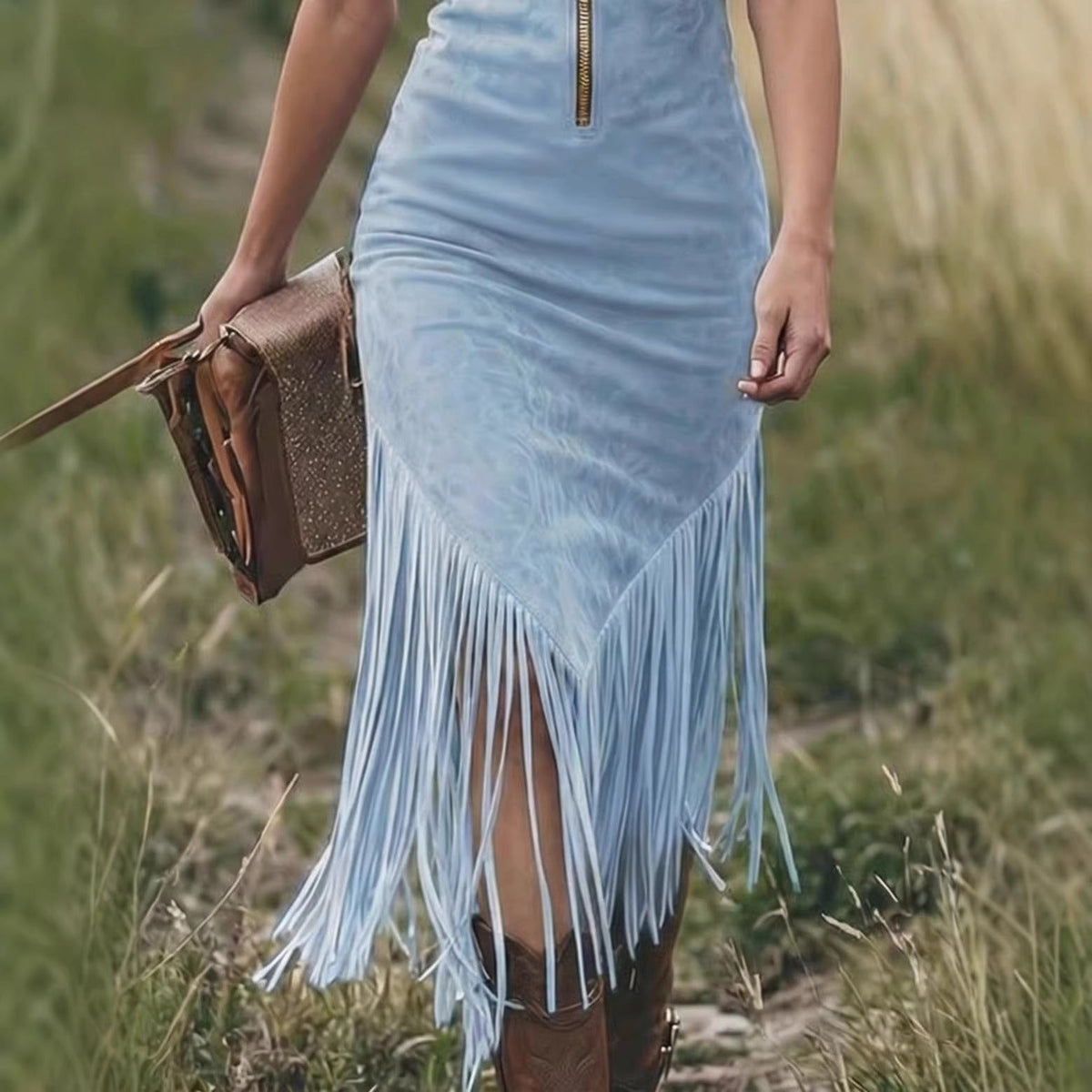 Fiorella |Abito midi in camoscio con frange: Western chic incontra un tocco moderno