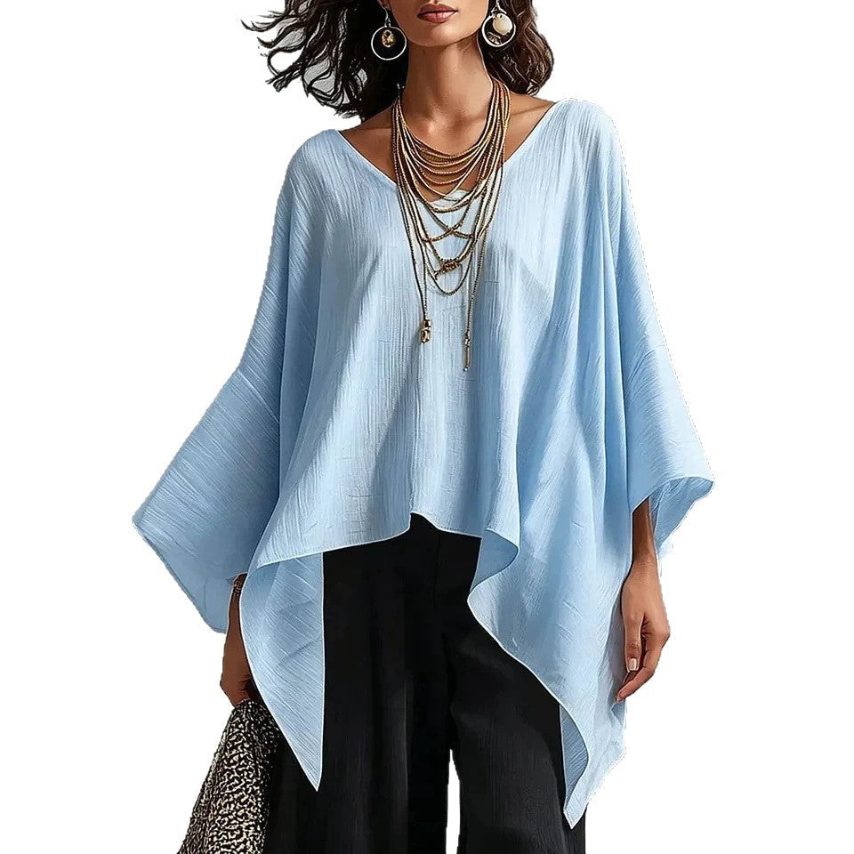 Top da donna in cotone-lino con scollo a V, maniche 3/4, taglio ampio e informale