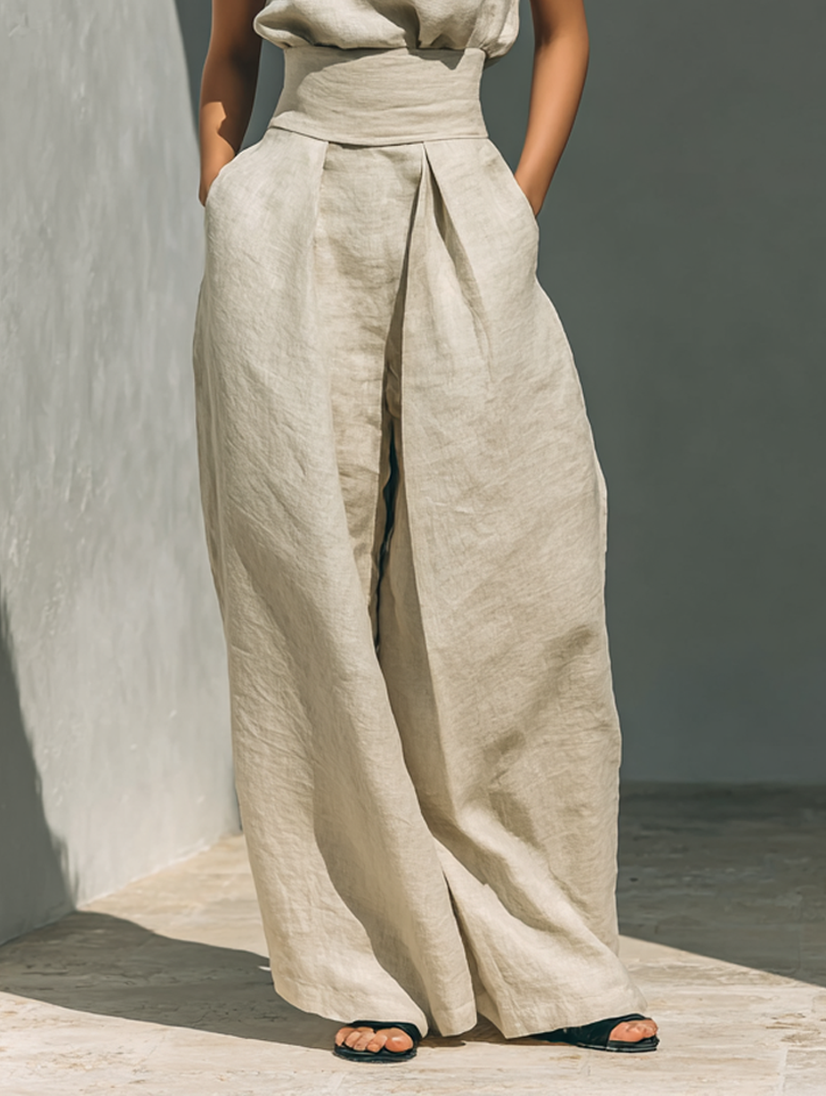 Aurora - Set composto da top senza maniche beige in misto cotone-lino finto e pantaloni a gamba larga