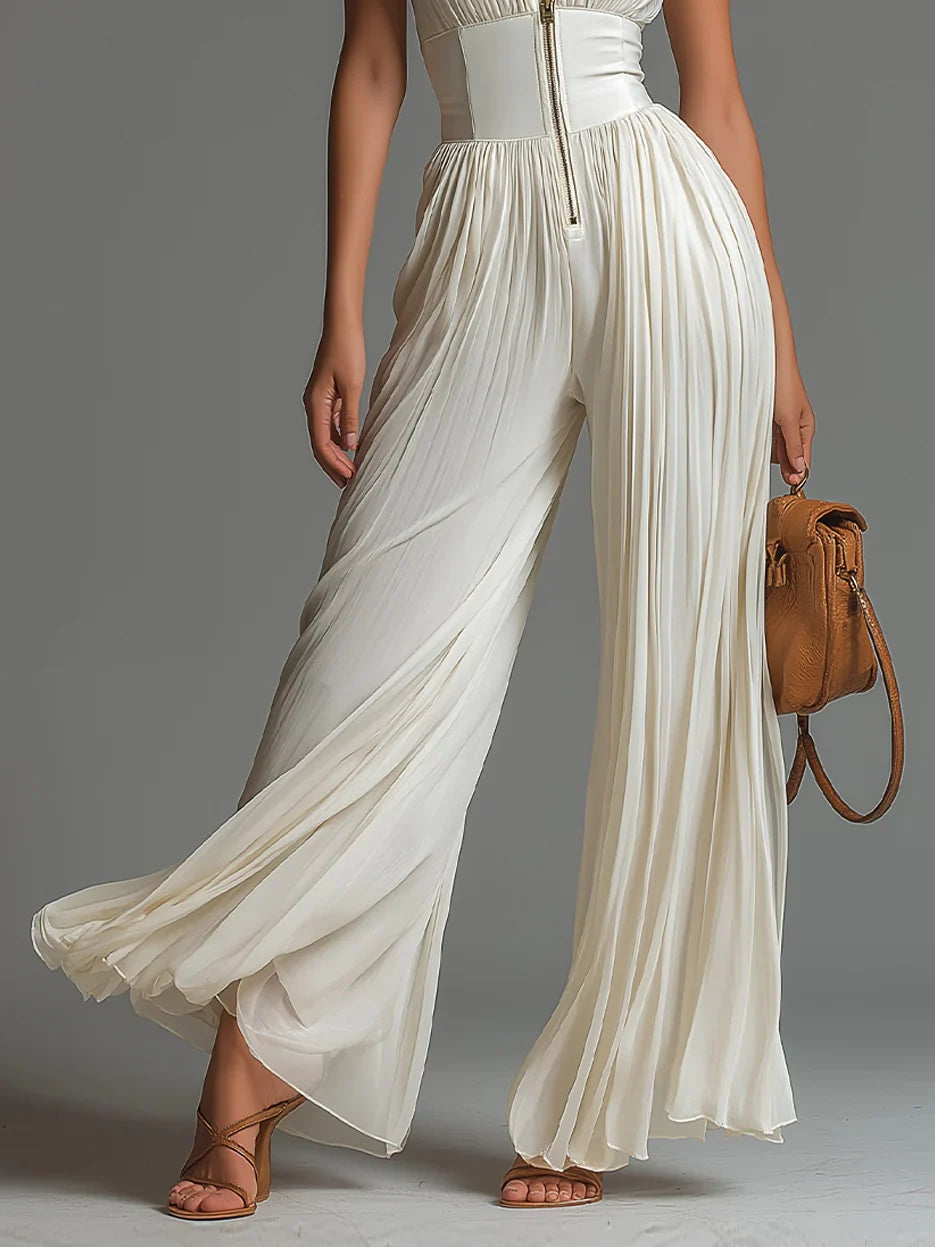 Vittoria | Tuta nera in chiffon con scollo a V, senza maniche, con zip, a pieghe, pantaloni a palazzo
