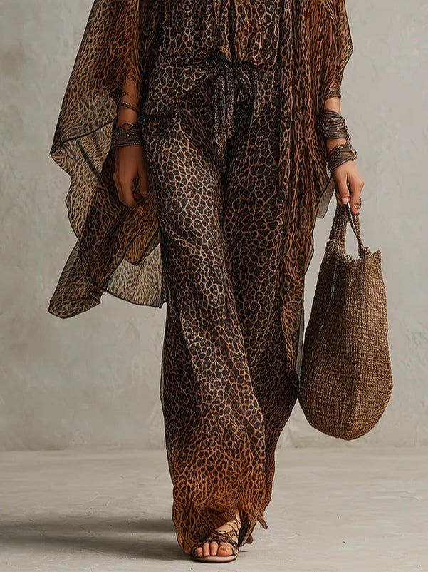 Raffaella | Set da tre pezzi vestaglia bohemiana a gradiente con stampa leopardata e taglio fluente