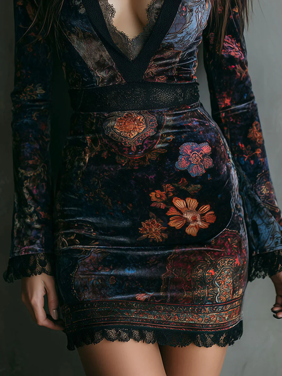 Liora ❘ Mini vestido floral de terciopelo con encaje