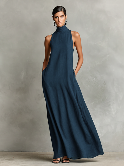 Bianca | Abito lungo nero in lino misto da donna con collo alto e tasche laterali, vestito casual minimalista intramontabile