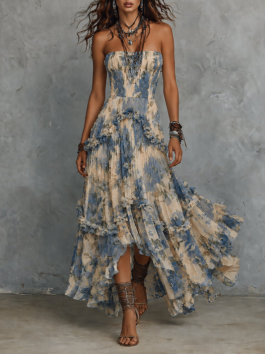 Noelia | Elegante vestido largo de chifón estampado sin tirantes con volantes