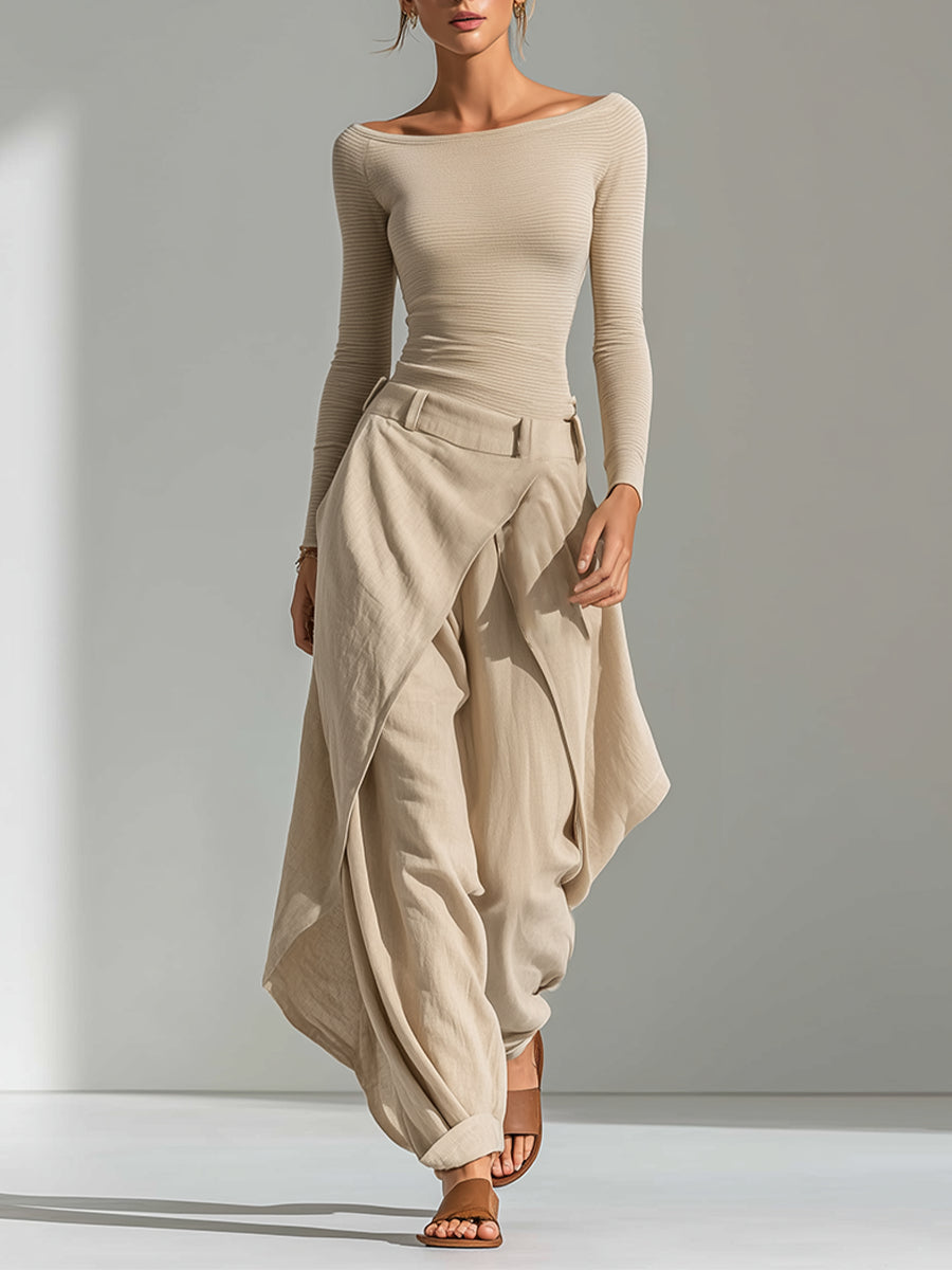 Cayetana | Top beige con escote barco y conjunto de pantalones de pierna ancha en capas