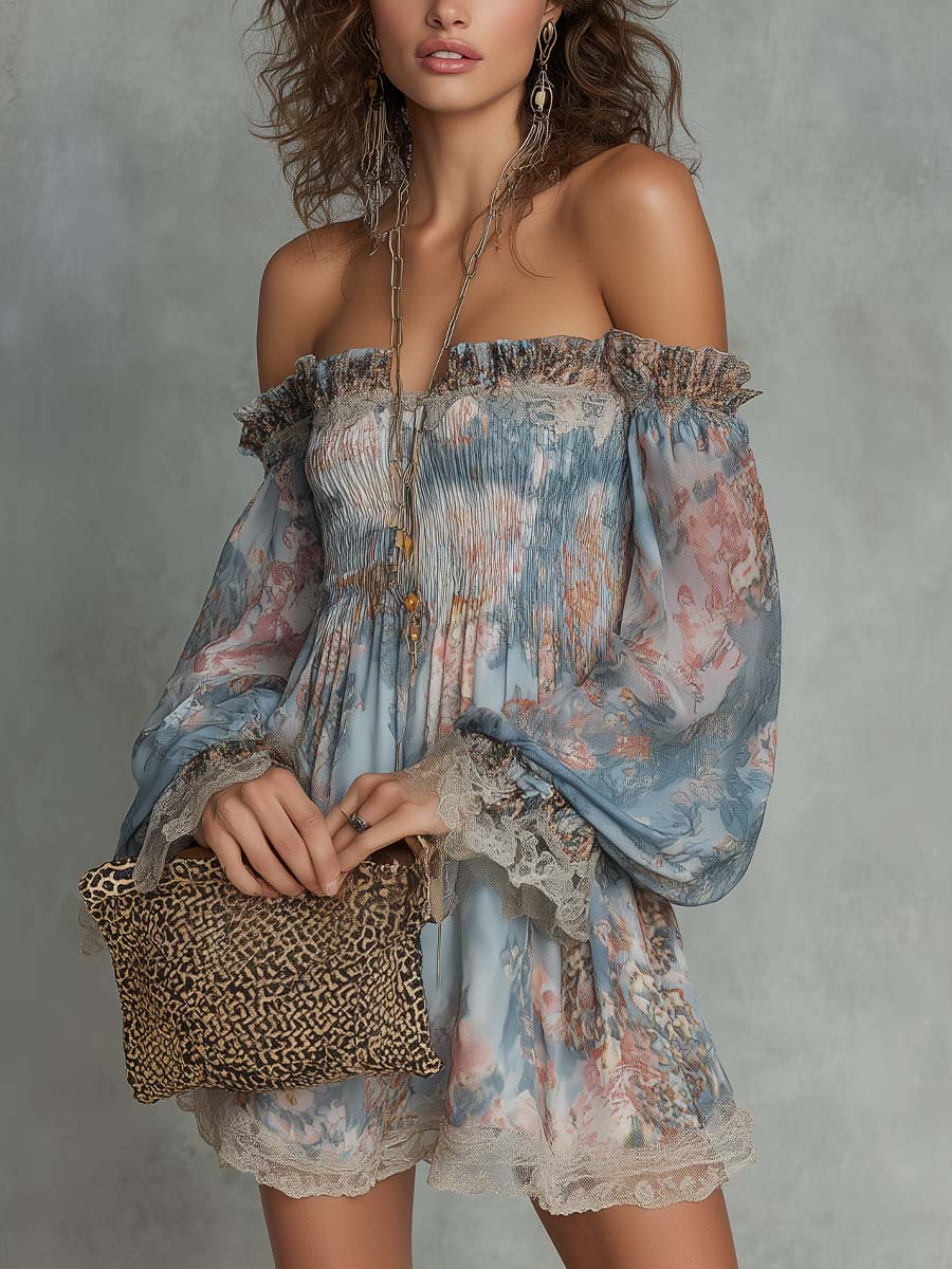 Assunta | Vestito mini in chiffon arricciato con scollo a spalle scoperte e motivo floreale romantico