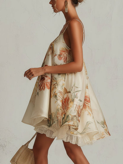 Liliana - Vestito corto a linea A in organza beige con motivo floreale e bordo in pizzo
