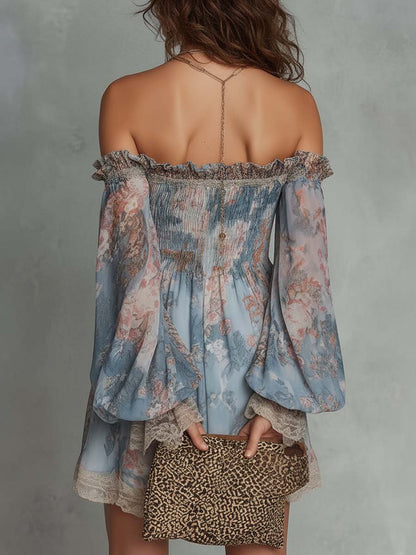 Assunta | Vestito mini in chiffon arricciato con scollo a spalle scoperte e motivo floreale romantico