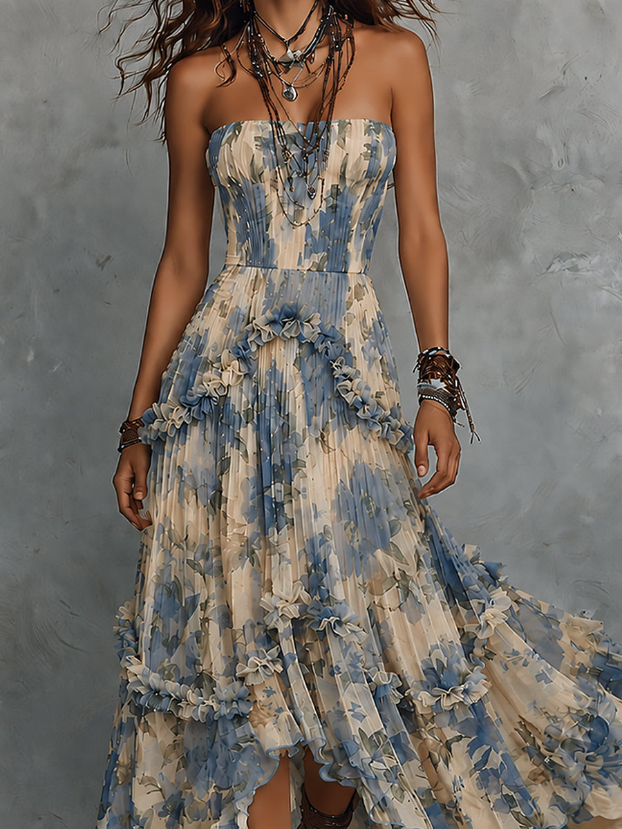 Noelia | Elegante vestido largo de chifón estampado sin tirantes con volantes