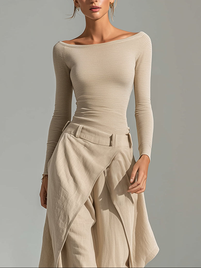 Cayetana | Top beige con escote barco y conjunto de pantalones de pierna ancha en capas