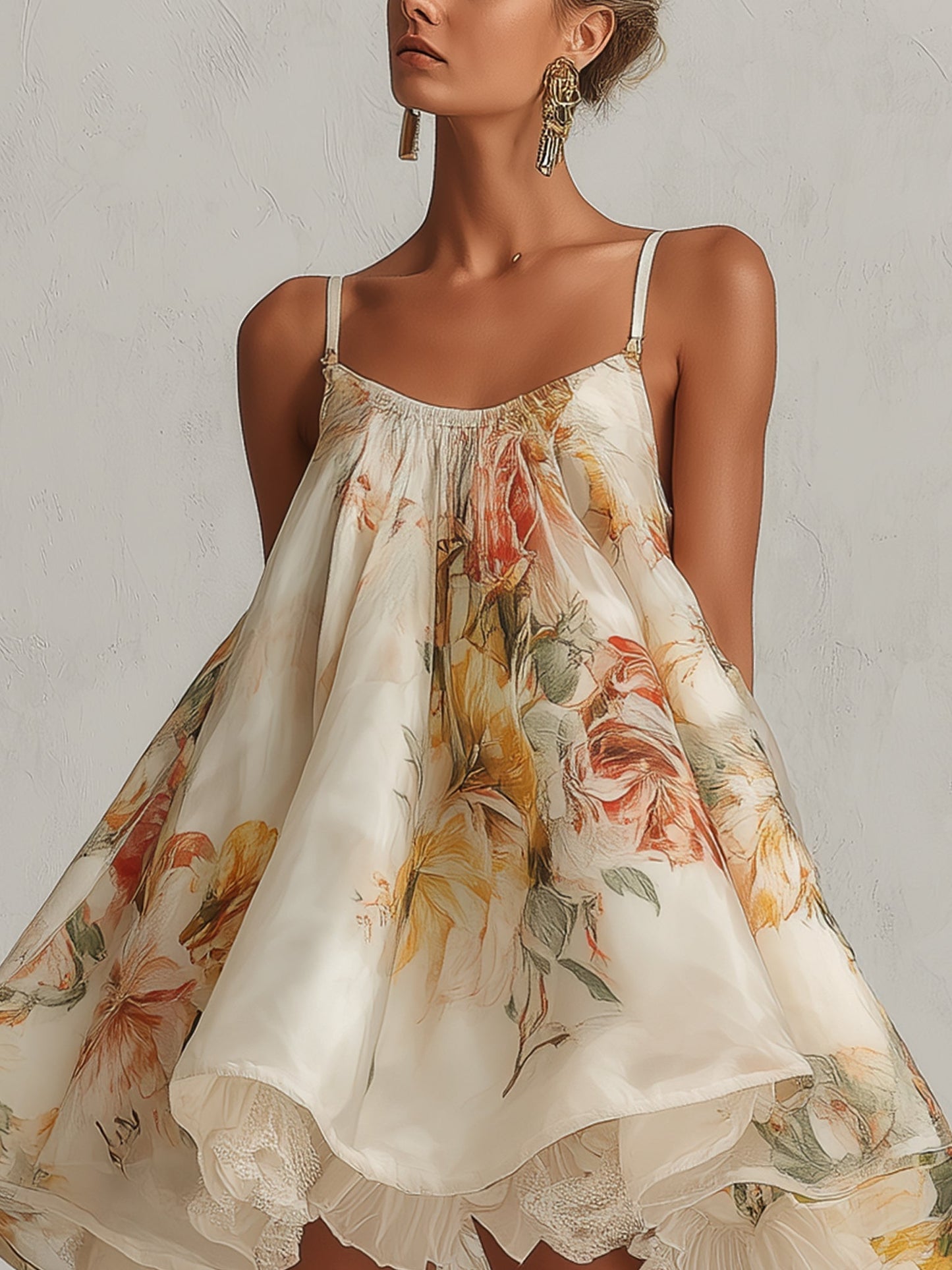 Tamara - Vestido corto de línea A en organza beige con motivo floral y borde de encaje