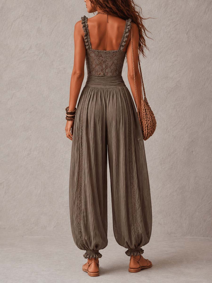 Pilar | Conjunto de bandeau de encaje gris y pantalones harem de algodón plisados