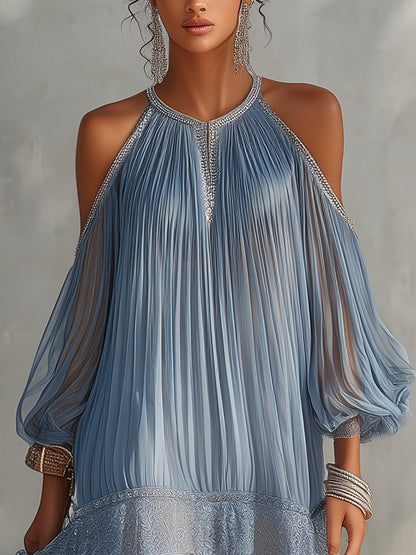 Cinzia - Vestito mini blu a spalle scoperte con ruches e orlo in pizzo