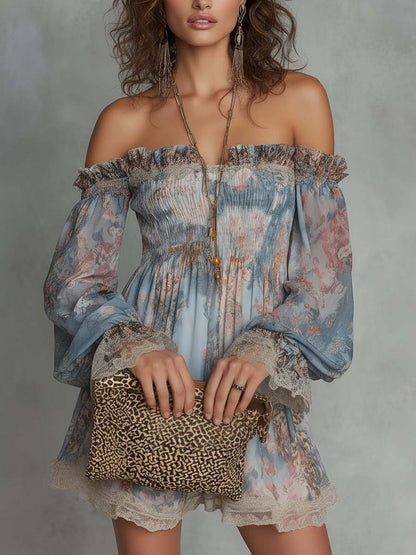 Merche | Vestido mini de chiffon fruncido con escote de hombros descubiertos y estampado floral romántico