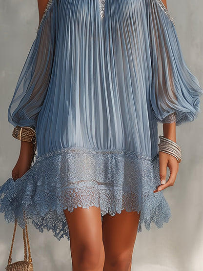 Cinzia - Vestito mini blu a spalle scoperte con ruches e orlo in pizzo