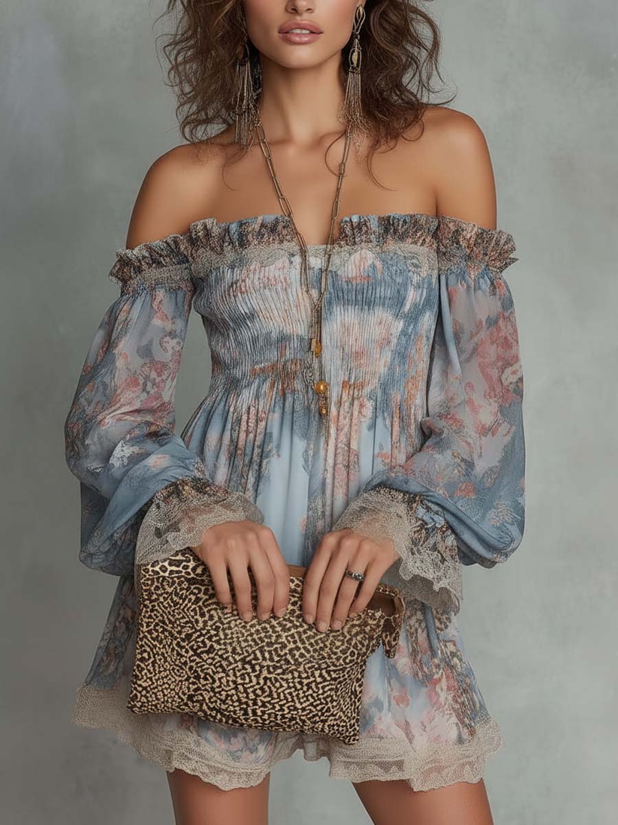 Assunta | Vestito mini in chiffon arricciato con scollo a spalle scoperte e motivo floreale romantico