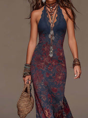 Verónica | Vestido maxi de encaje retro con cuello halter, estampado floral y cola de pez