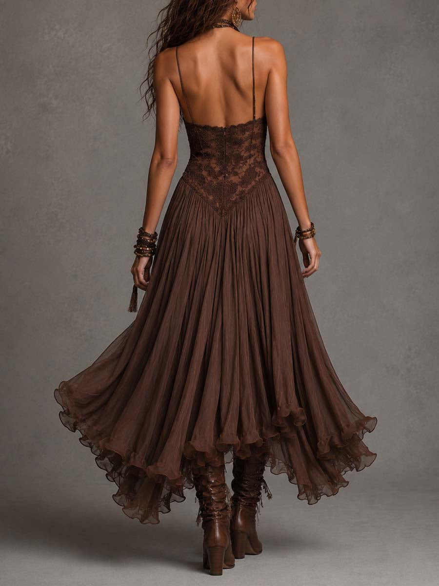 Ambra | Abito lungo in chiffon marrone scuro con pannelli in pizzo