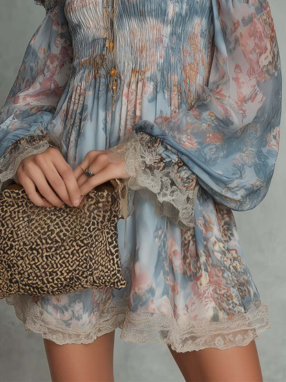 Merche | Vestido mini de chiffon fruncido con escote de hombros descubiertos y estampado floral romántico