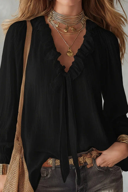 Top in camicia a maniche lunghe con scollo a V e nastro da legare, taglio largo