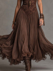 Ambra | Abito lungo in chiffon marrone scuro con pannelli in pizzo