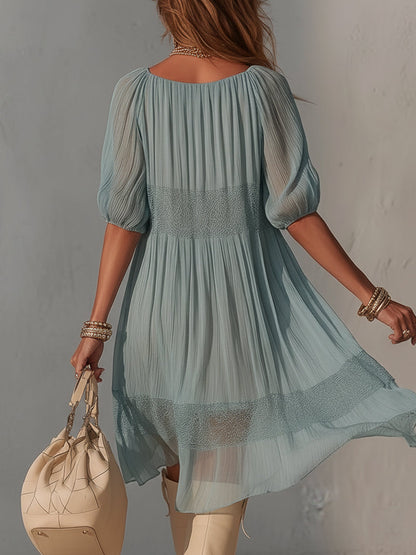 Lorena | Vestito midi blu in pizzo plissettato