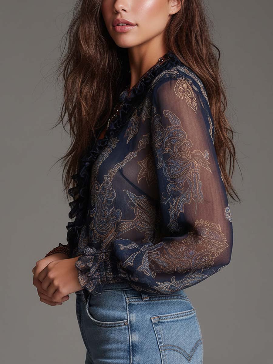 Camicetta in chiffon blu navy con volant, fantasia paisley barocco e zip