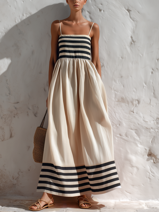 Lola - Vestido maxi de rayas negras y beige con tirantes finos