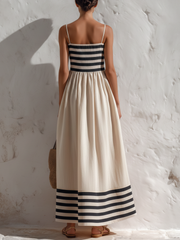 Lola - Vestido maxi de rayas negras y beige con tirantes finos