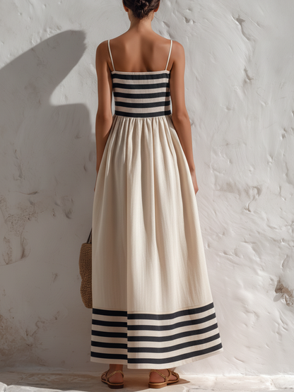 Ortensia - Vestito lungo a righe nere e beige con spalline sottili