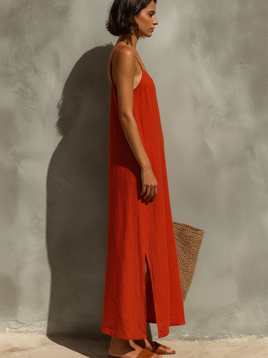 Loren | Abito rosso in cotone da donna con spalline sottili e scollo quadrato, stile boho-resort intramontabile