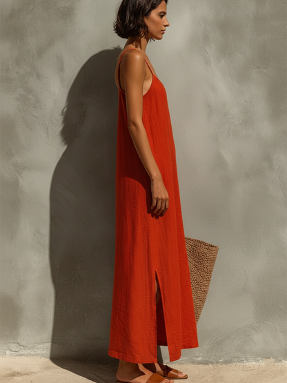 Loren | Abito rosso in cotone da donna con spalline sottili e scollo quadrato, stile boho-resort intramontabile