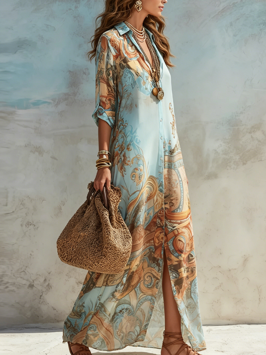 Annamaria | Abito lungo in chiffon blu con motivo floreale in stile barocco