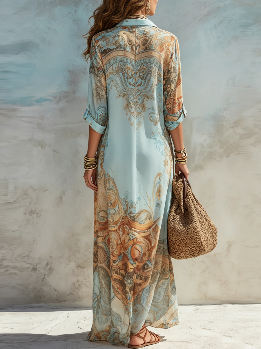 Annamaria | Abito lungo in chiffon blu con motivo floreale in stile barocco