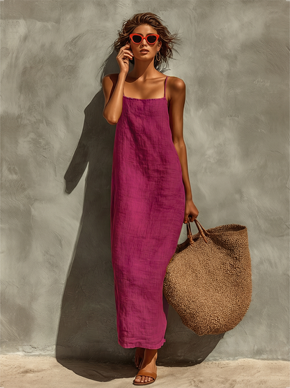 Loren | Abito rosso in cotone da donna con spalline sottili e scollo quadrato, stile boho-resort intramontabile