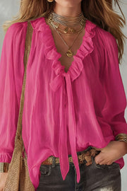 Top in camicia a maniche lunghe con scollo a V e nastro da legare, taglio largo