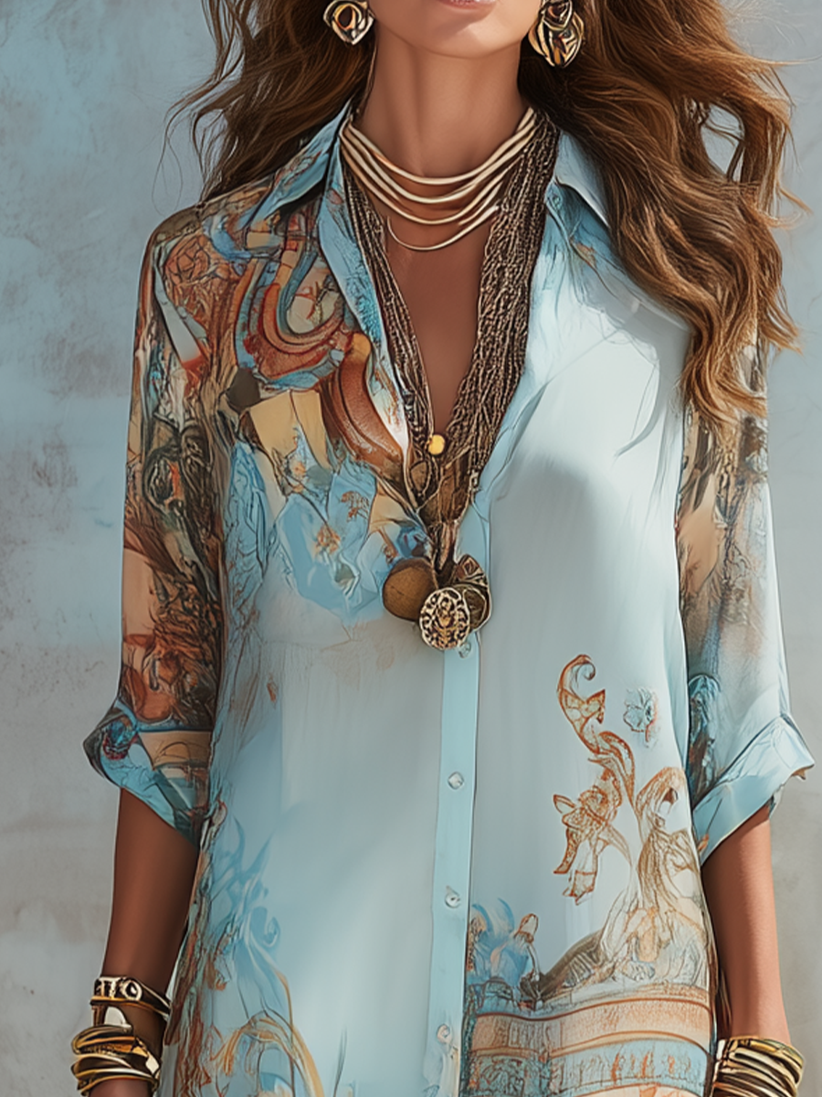 Annamaria | Abito lungo in chiffon blu con motivo floreale in stile barocco