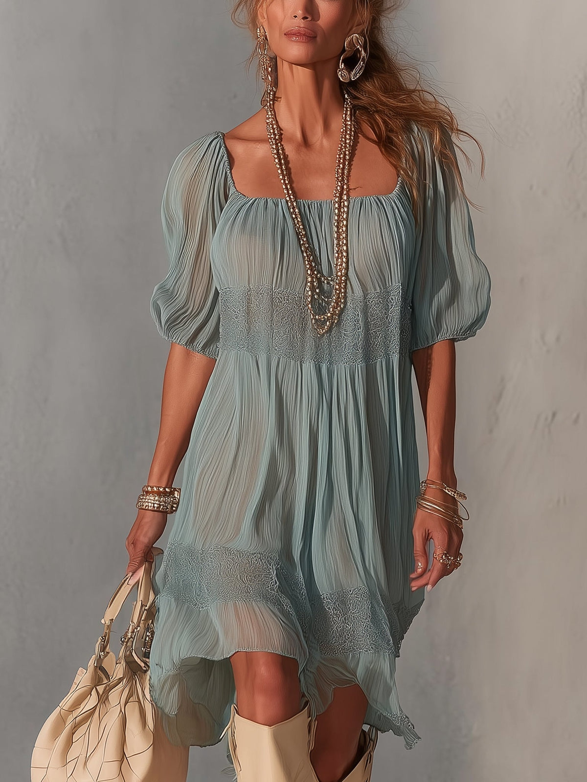 Lorena - Vestito midi blu in pizzo plissettato