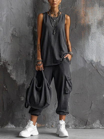 Ottavia | Donna Top senza maniche in cotone misto grigio scuro, stile casual + Pantaloni cargo jogger