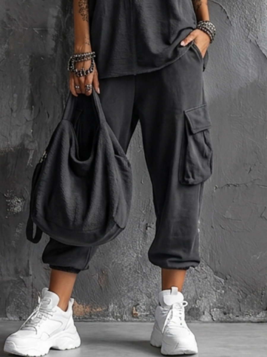 Ottavia | Donna Top senza maniche in cotone misto grigio scuro, stile casual + Pantaloni cargo jogger