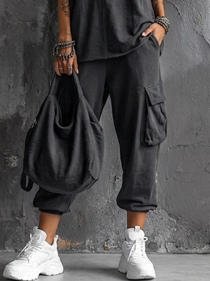 Ottavia | Donna Top senza maniche in cotone misto grigio scuro, stile casual + Pantaloni cargo jogger