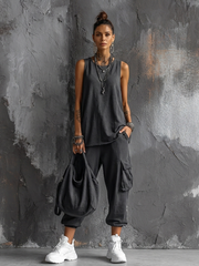 Ottavia | Donna Top senza maniche in cotone misto grigio scuro, stile casual + Pantaloni cargo jogger