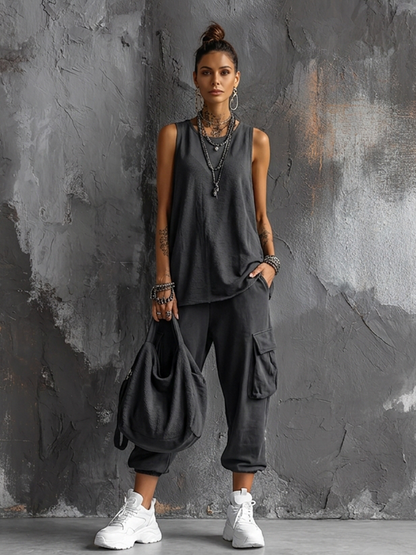 Ottavia | Donna Top senza maniche in cotone misto grigio scuro, stile casual + Pantaloni cargo jogger