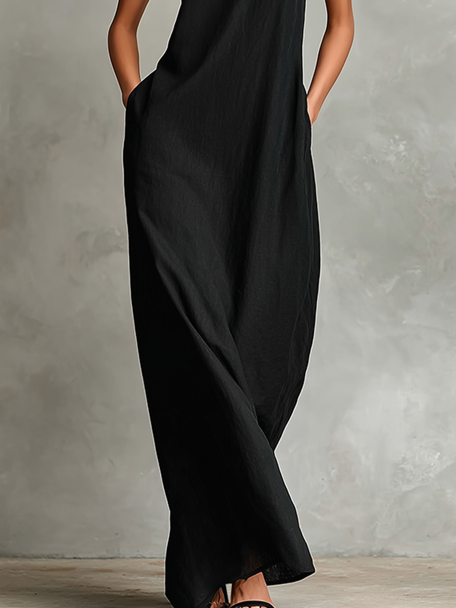 Bianca | Abito lungo nero in lino misto da donna con collo alto e tasche laterali, vestito casual minimalista intramontabile