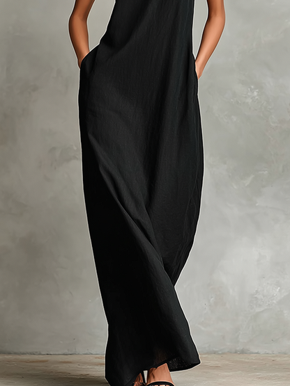 Bianca | Abito lungo nero in lino misto da donna con collo alto e tasche laterali, vestito casual minimalista intramontabile